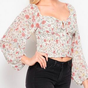 Love Tree Smocked Crop Top Off White Coral Yellow Floral Peasant Blouse M